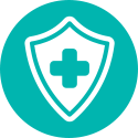 Icono de escudo con un icono de salud en el centro que se muestra dentro de un fondo circular verde azulado