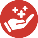 Icono de mano con iconos del signo "más" encima dentro de un fondo circular rojo