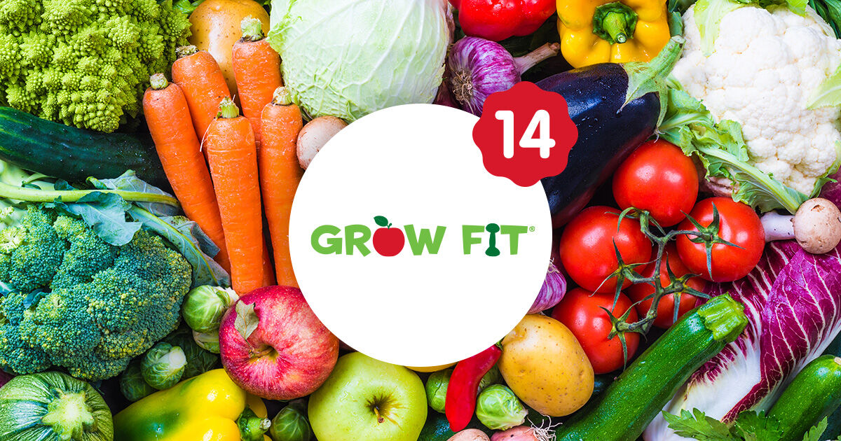 Fresh fruits and vegetables surrounding the Grow Fit logo with a red '14' badge.