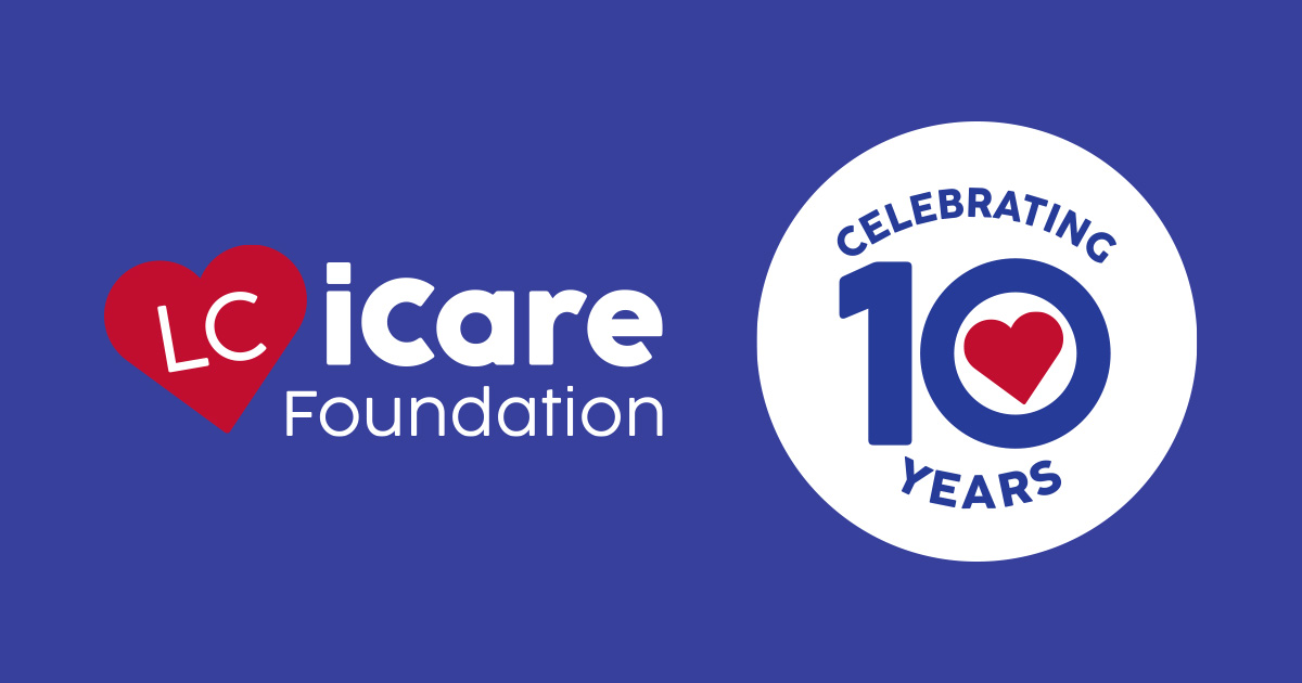 LC iCare Foundation logo next to a commemorative badge celebrating the foundation's 10th anniversary.